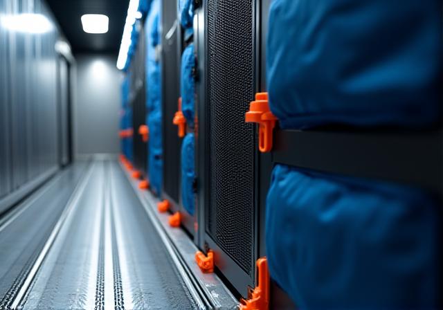 A secured server rack inside an air-ride trailer with professional padding