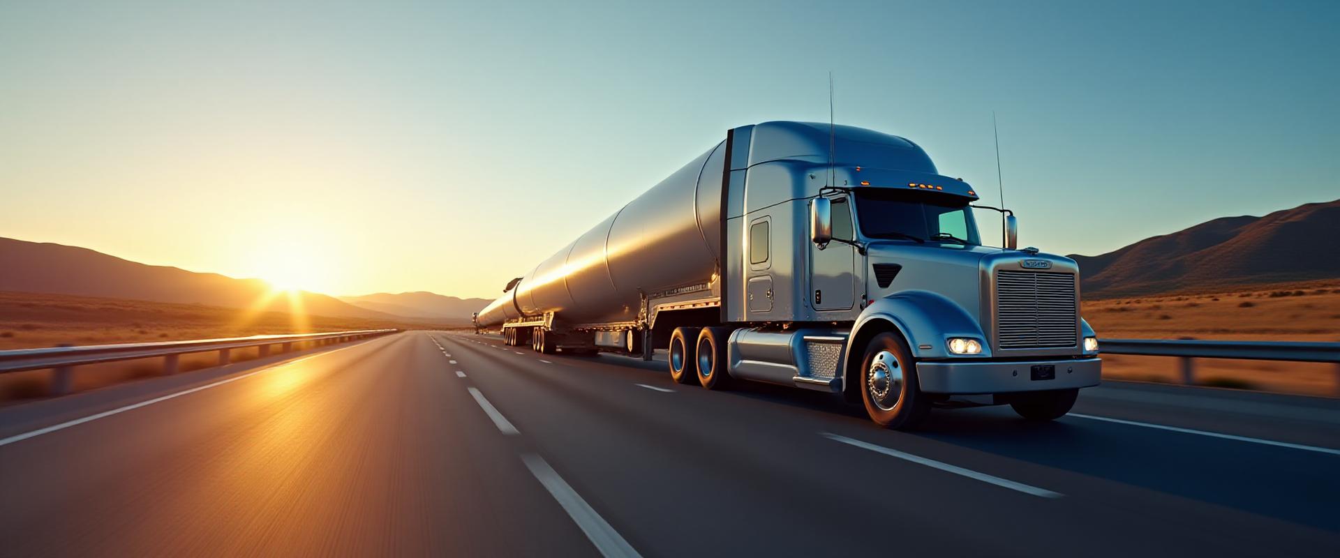 Specialized truck transporting a massive wind turbine blade through California landscape