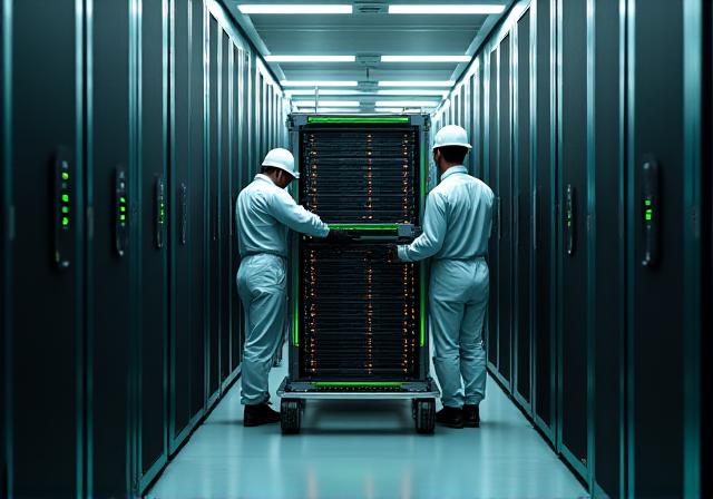 Specialized technicians moving server racks